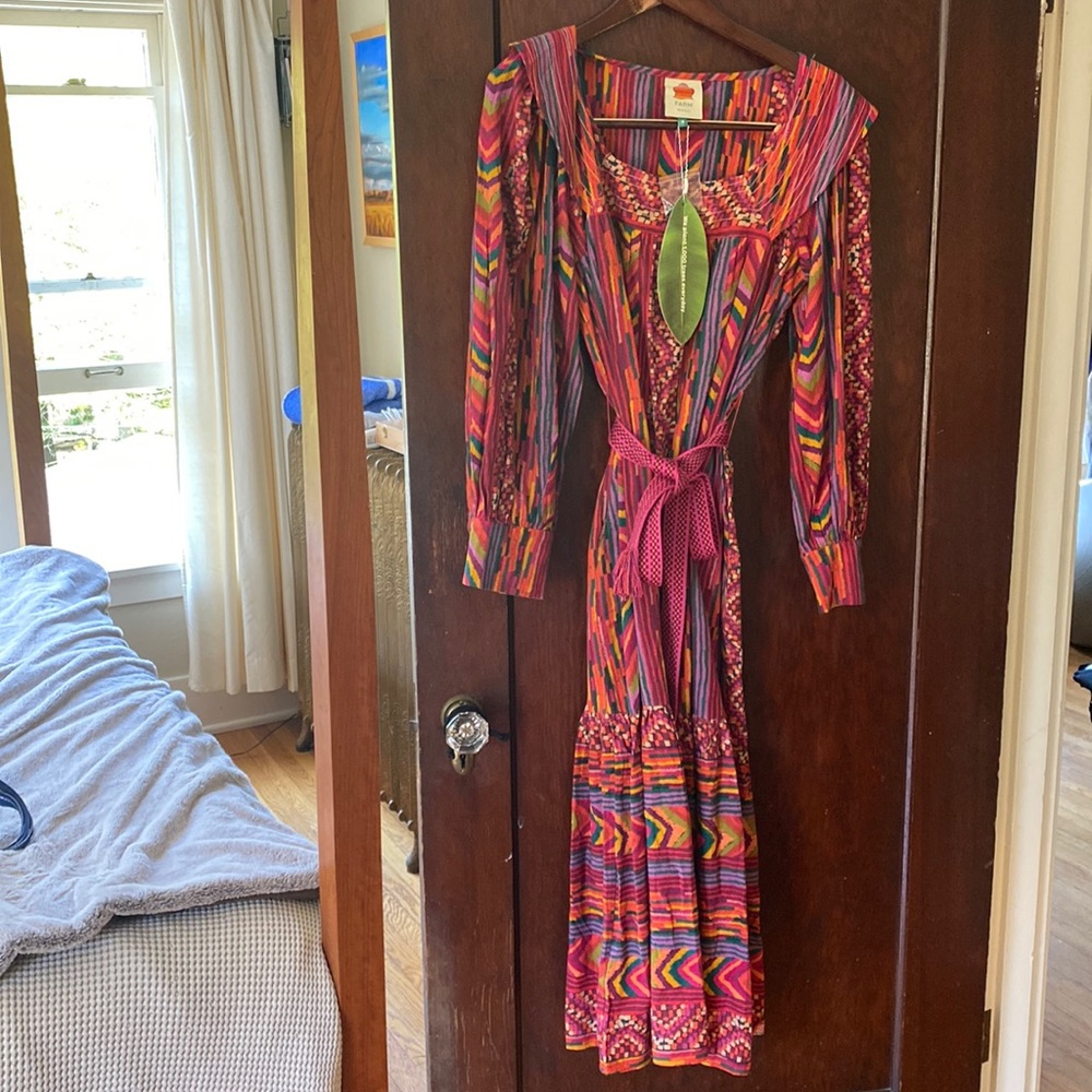 Farm Rio Red Striped Patches Tiered Square Neck Maxi Dress Size: Medium NWT